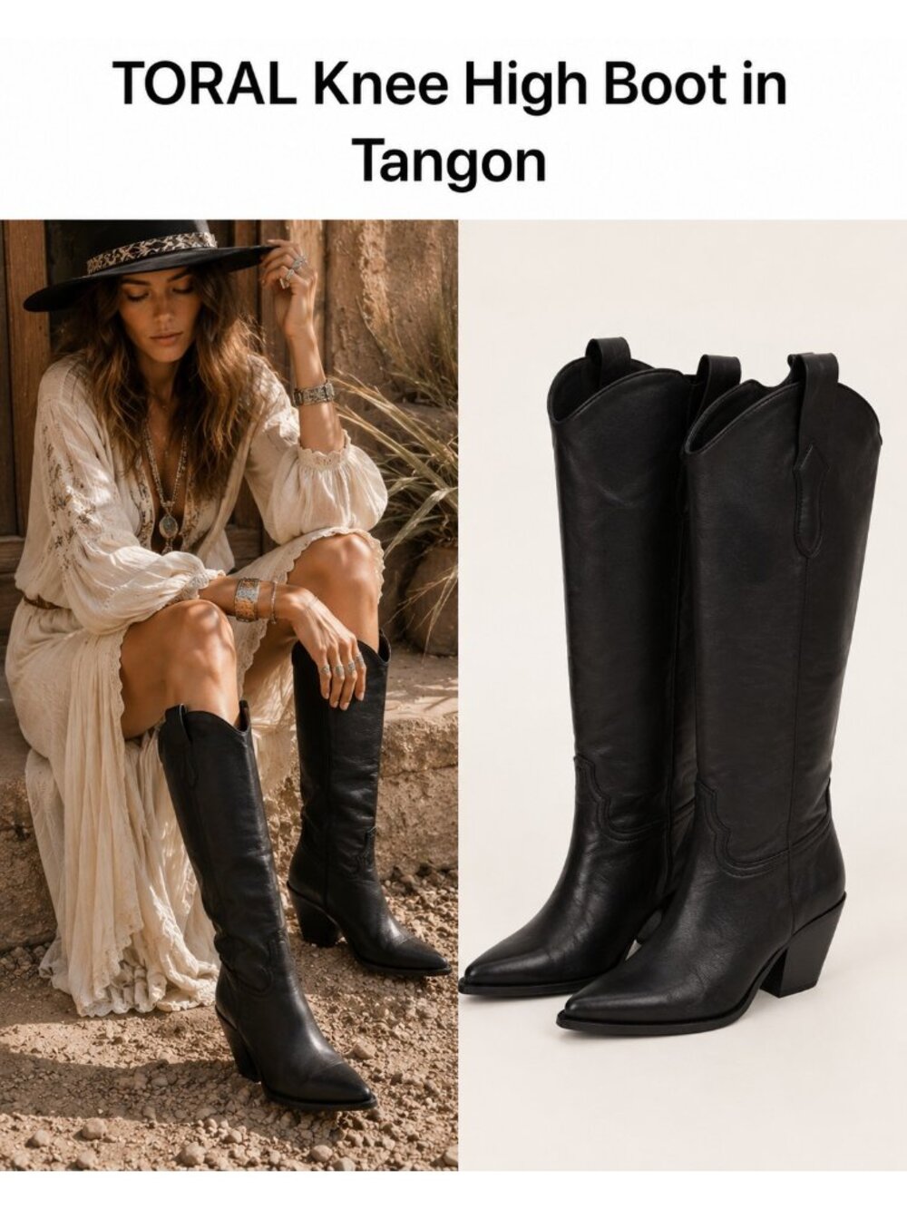 TORAL Tangon Black Leather Western Knee High Cowboy Boots Approx US 9.5